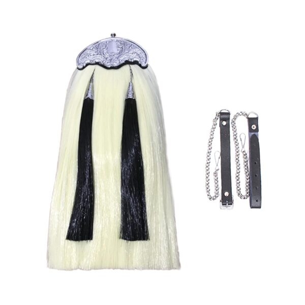 Synthetic Long Hair Sporran ivory two black tassel