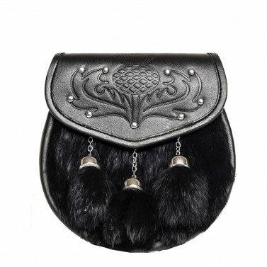 Semi-Dress Sporran Black Rabbit Fur Studded Thistle design