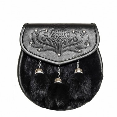 Semi-Dress Sporran Black Rabbit Fur Studded Thistle Chain Straps included