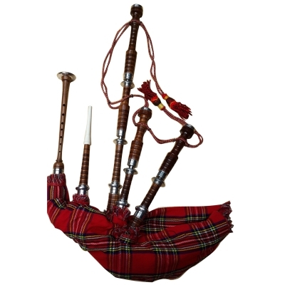 BROWN Wood bagpipe, Royal Stewart Bag cover with cord, with turned Plain nickel Sole and Knobs with 