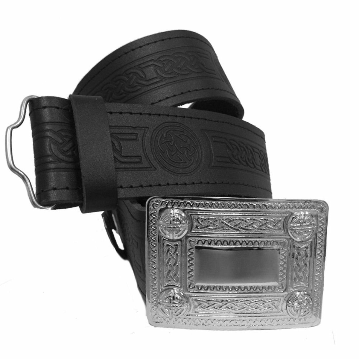 Celtic Embossed Leather Kilt Belt 2 inches Width and Celtic Knot Chromed Buckle