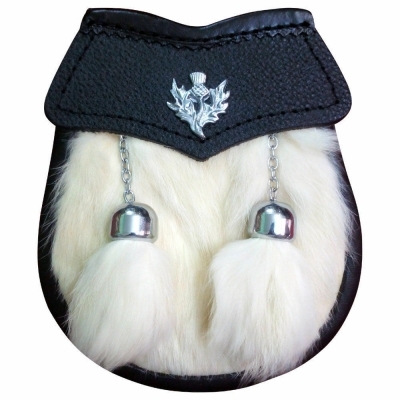 Boy Leather Sporran White Rabbit Fur 2 Rabbit Fur Tassels