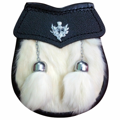 Boys leather sporran with white rabbit fur 2 rabbit fur tassels on chains