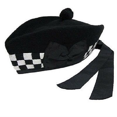 Pipe Band Glengarry Cap Black Wool White Black Dicing.