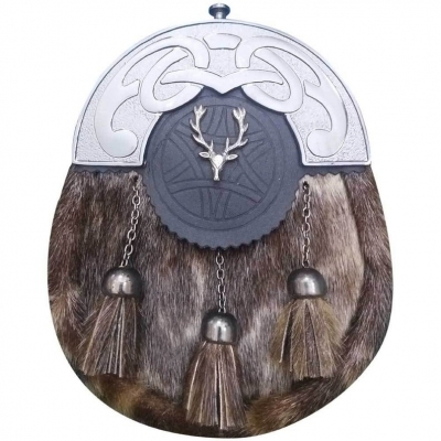 Seal Skin Sporran Celtic Knot design Cantle on Leather Flap 3 Tassels with studs, SCOTTISH STAG HEAD