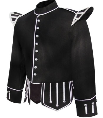 Black 100% Melton wool body White piping trim 8 button front closure Black nylon / silk blend full l