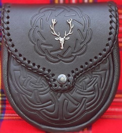 SCOTTISH SPORRAN DOUBLE EMBOSSED BLACK LEATHER SCOTTISH STAG