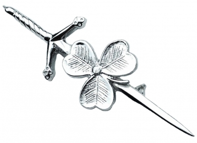 Shamrock (Clover) kilt Pin chrome finish has a swivel lock pin on the back