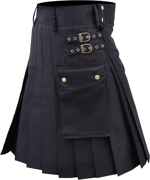 Men Black Utility Kilt Heavy Duty Cotton Drill Fabric Sewn down pleats on the back Pockets