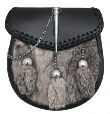 Grey rabbit fur double-plaited pattern front pin loop closure