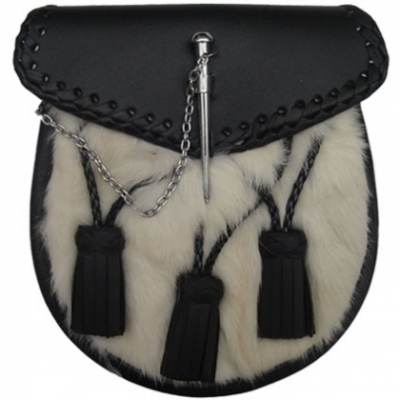 Rabbit Fur Sporran three leather tassels metal loop and pin closure