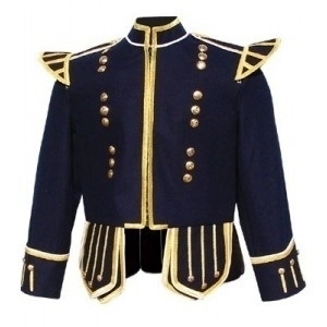 Navy Blue 100% Melton wool body White piping18 button front zip closure Gold braid trim Black nylon 