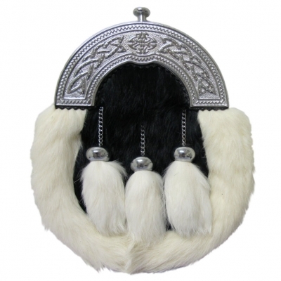 A black and white rabbit fur dress sporran with Celtic knot cantle