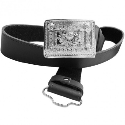 Men Kilt Belt Pigs grain in Black leather Celtic Knot and Thistle pattern Silver Chrome Buckles