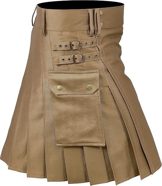 Men Khaki Utility Kilt Heavy Duty Cotton Drill Fabric Sewn down pleats on the back Pockets