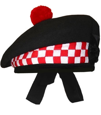 Balmoral Cap black wool Red white Diced Black pom any sizes