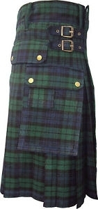 Black Watch Tartan Hybrid Kilt 3 flap pockets with antique brass metal studs