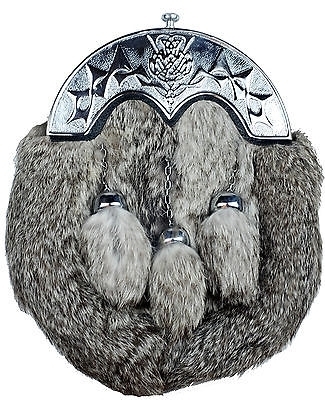 Sporrans made grey rabbit fur at the front Thistle design Cantle top