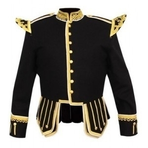 A Pipe Band Doublet black wool featuring gold piping silver braid trim