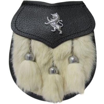 Rabbit Fur Lion Sporran Front opening with lion badge on the flap 3 tassels