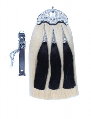 White Horse Hair Sporran Black Three Tassels Chain Straps included