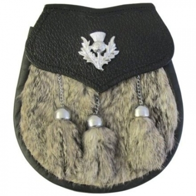The Rabbit Fur Sporran front stud opening Thistle Badge