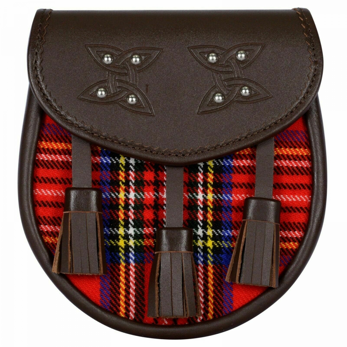 A Royal Stewart tartan sporran with tassels Celtic knot embossed 